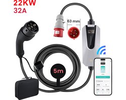JUNSUN Draagbare 22kW 32A 3-Fase EV Laadkabel - Type 2 Laadpaal met App/WiFi Bediening, 5M Kabel + LCD Scherm & Opbergtas - 6A/8A/10A/13A/16A Schakelbaar - IEC62196-2 & IP65