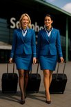 Twee stewardessen in blauwe uniformen met koffers op het vliegveld.