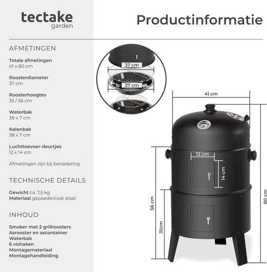 tectake® Houtskool Grill & Rookoven Barbecue - 3 Verdiepingen, 2 Roosters, Thermometer, Waterbak, Zwart - Perfect voor BBQ en Roken van Vis & Groenten