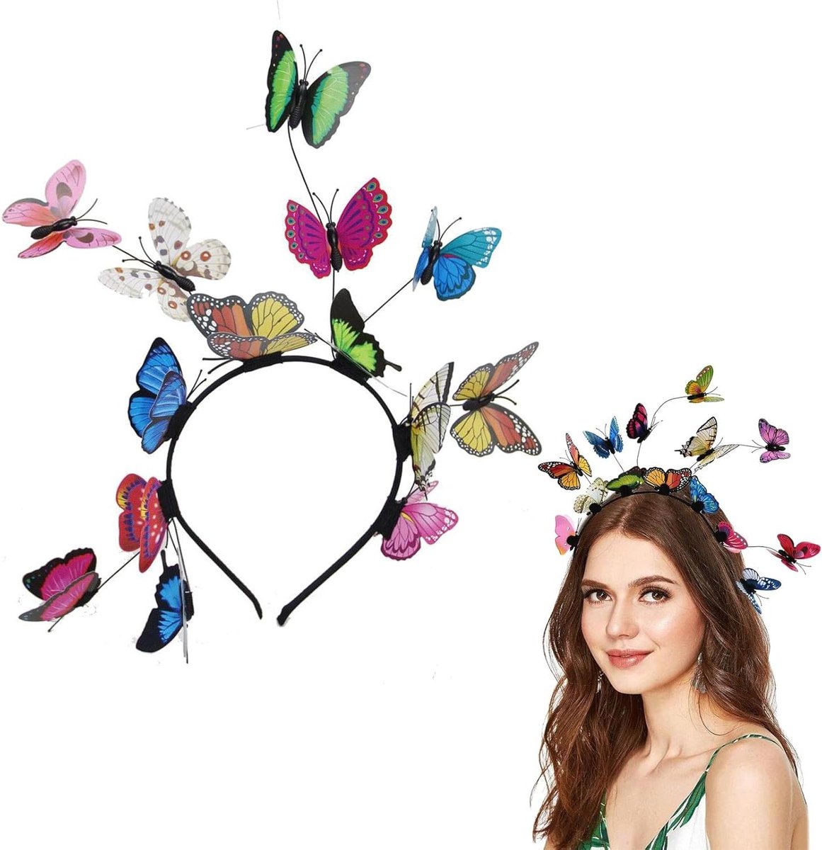Allecto Plus - Vlinderhoofdband met 3D vlinders en 14 vlinders - Hoofdaccessoire voor feesten - Geschikt voor carnaval, cosplay en bruiloft – Voor dames en meisjes.