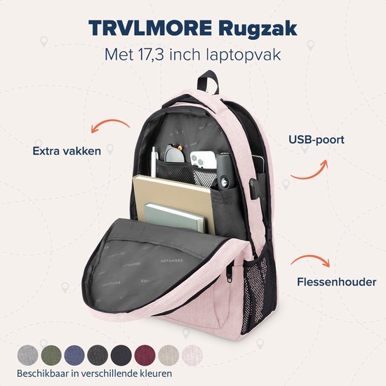 Sac à dos TRVLMORE - 36 L - 17,3 pouces - Sac à dos pour ordinateur portable avec port USB - Cartable - Homme et femme - Sac - Garantie à vie - Rose