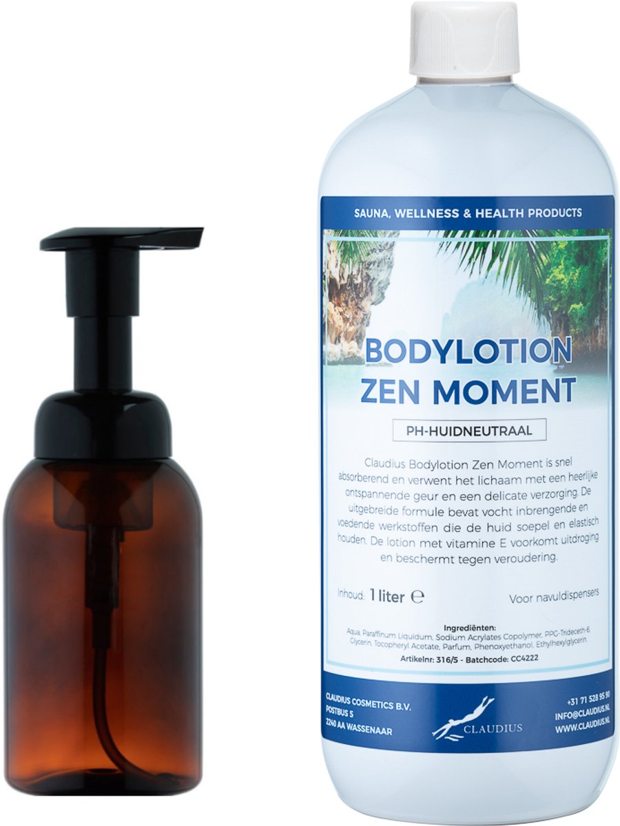 Zeepdispenser 300 ml amber bruin hervulbaar + 1 liter Bodylotion Zen Moment navulling