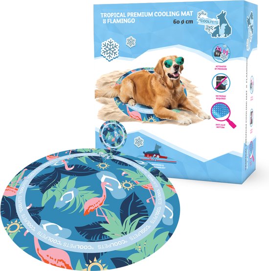 CoolPets Tropical Premium Koelmat Hond - Rond - 60 cm - Anti-slip en Non-flow Coolgel - Flamingo print