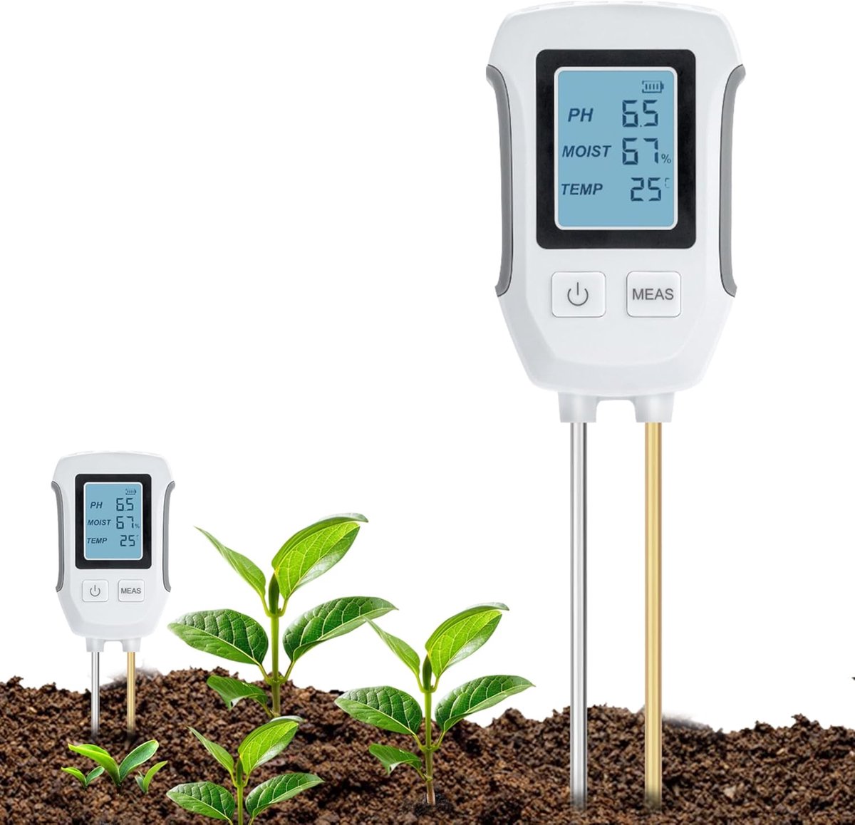3-in-1 pH-Bodemmeter, Zuur Base Bodemtest, Detectie Temperatuur, Vochtigheidsmeter met LCD-Scherm met Achtergrondverlichting Compatibel met Tuinieren/Potplanten/Boerderij - Wit