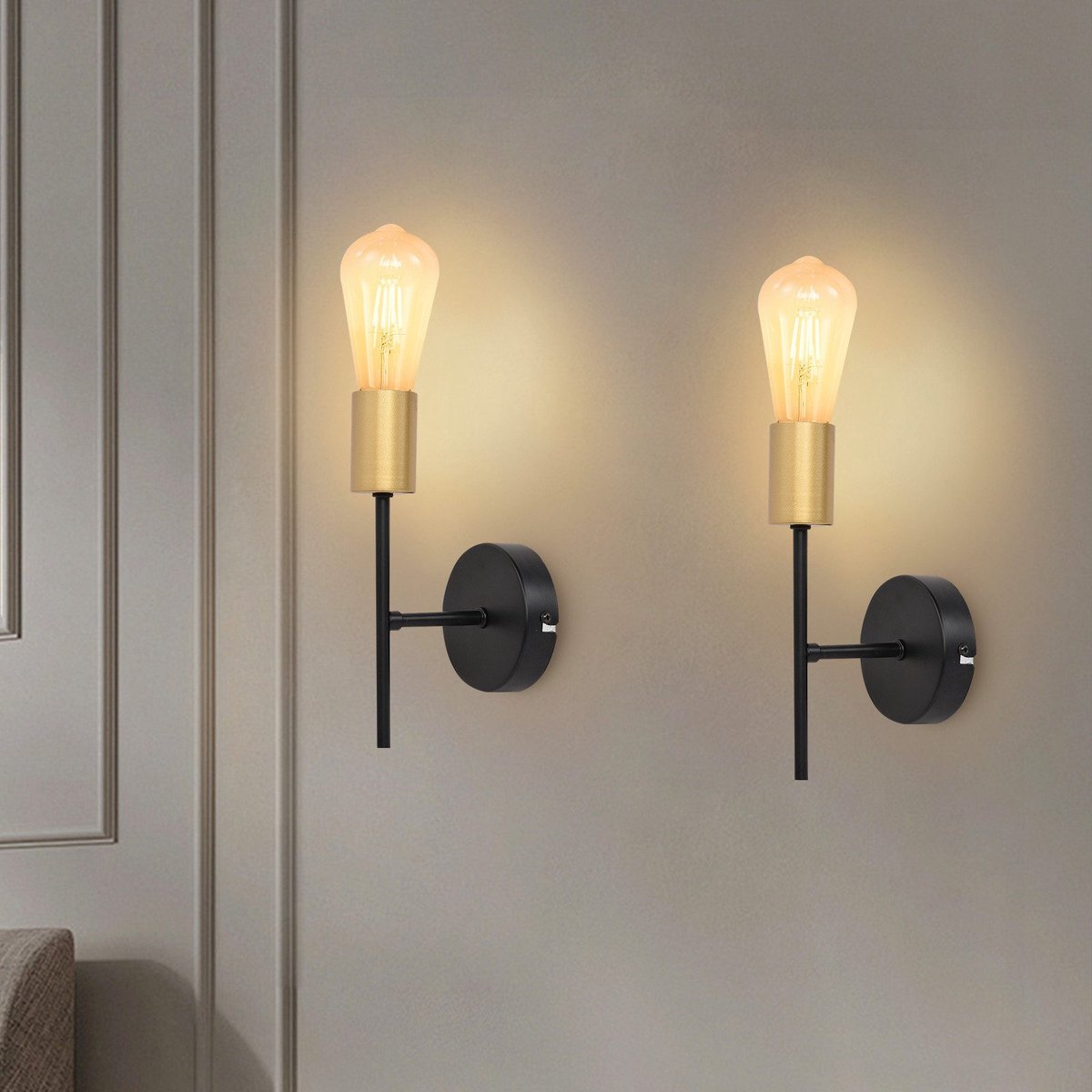 NETTLIFE Wandlamp E27- 2 stuks - Vintage - Zwart goud - Binnen Wandverlichting - Metaal Hallamp - voor Trappenhuis | Keuken | Slaapkamer | Woonkamer - Zonder Lamp