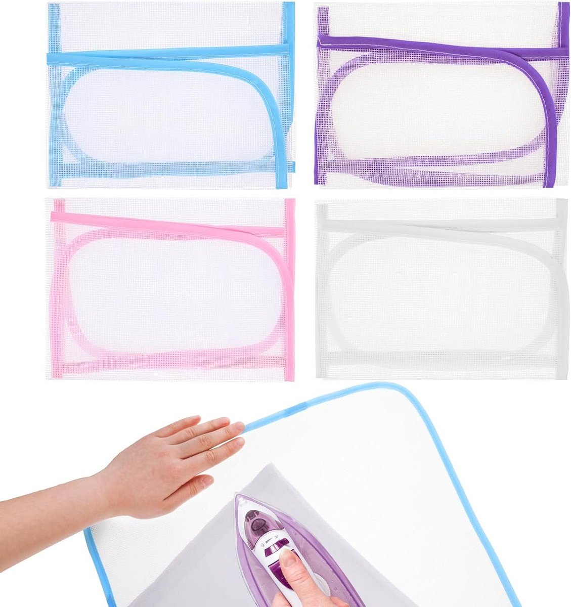 Allecto Plus - 4-delige mesh strijkdoeken voor tafel - Hittebestendige beschermingsnet - 60 x 40 cm - Strijkmat in blauw, paars en roze - Ideaal voor bescherming tijdens het strijken.