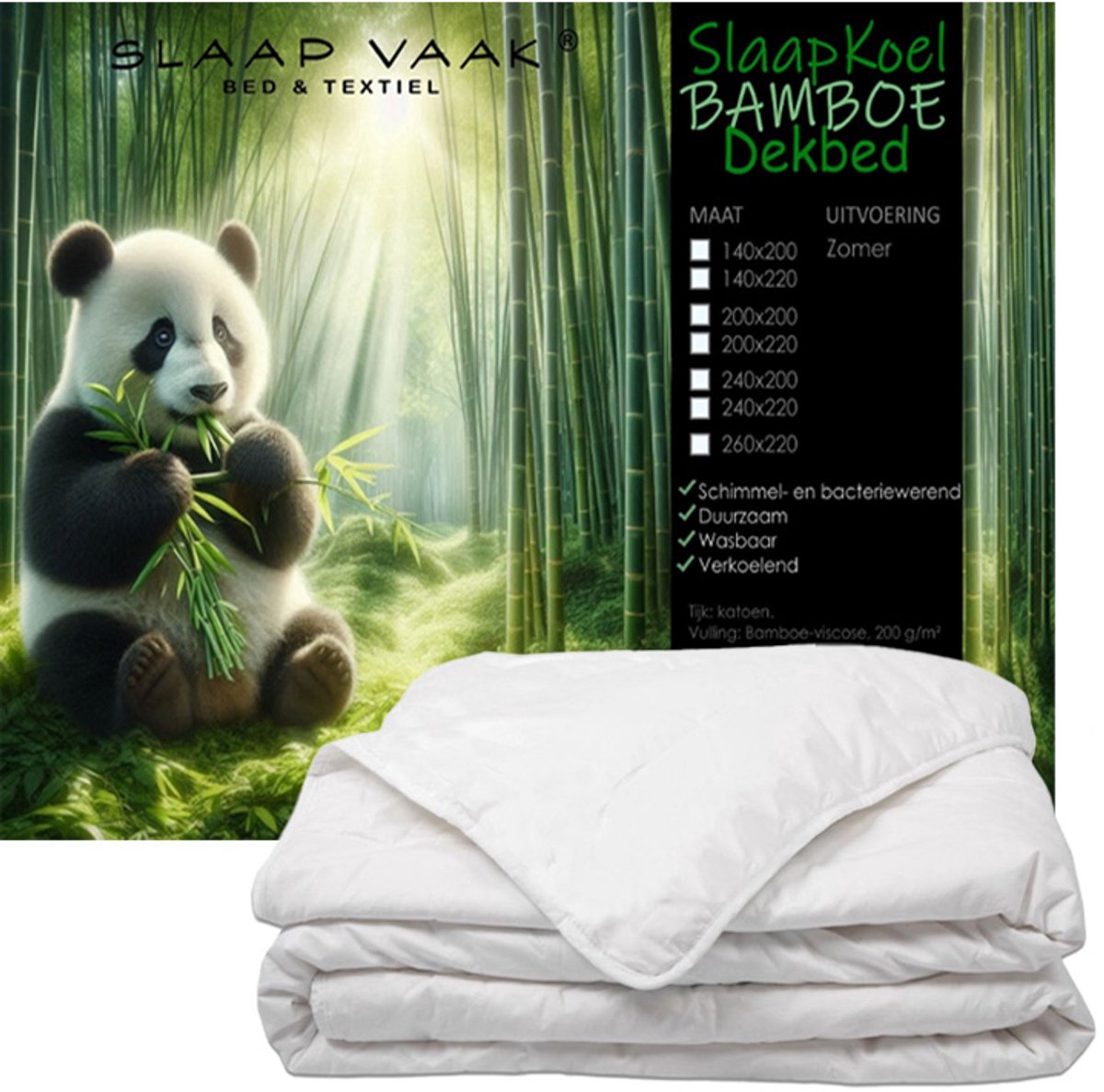 SlaapVaak SlaapKoel Bamboe Zomerdekbed - 100% Bamboe - Verkoelend Zomerdekbed - Antibacterieel - Duurzaam - Wasbaar - Tweepersoons - Extra lang - 200x220 cm