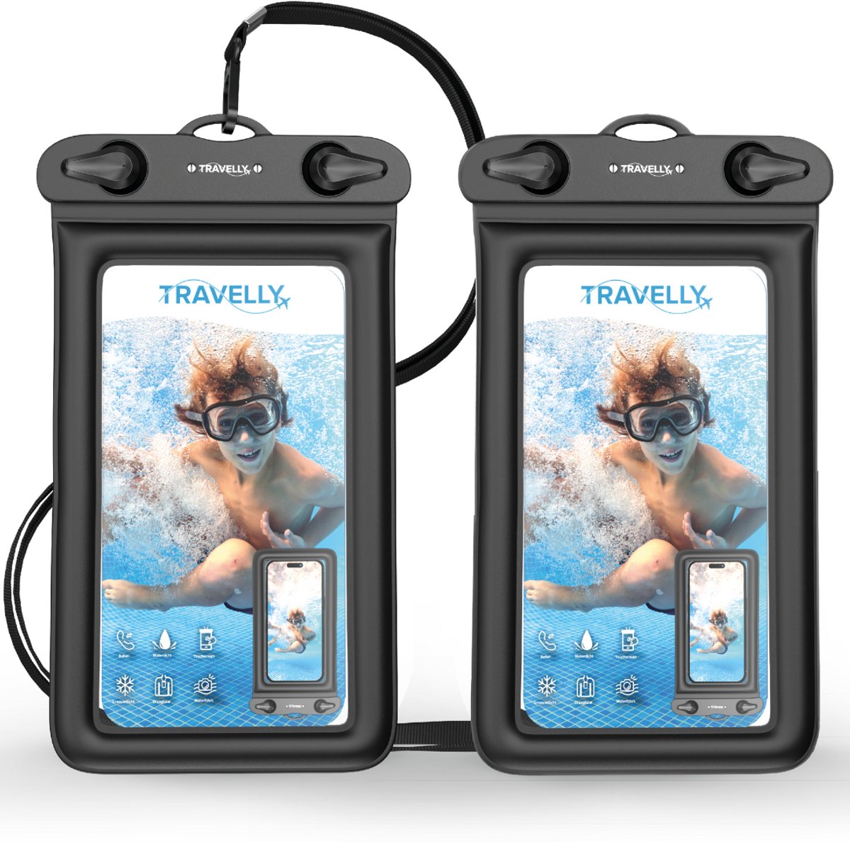 Travelly® Waterdicht Telefoonhoesje Set van 2 – Universeel Onderwater Hoesje voor Smartphone – Geschikt voor alle telefoons – Drybag – Voor Vakantie, Zwemmen & Watersport – Zwart/Zwart