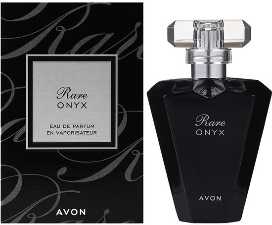 Zwarte parfumfles 'Rare ONYX' met kristallen dop en bijpassende zwart-zilveren verpakking met 'Rare ONYX' erop.