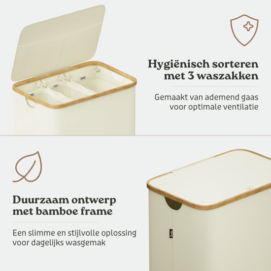 Gedetailleerde weergave van de crèmekleurige wasmand met bamboe frame, 3 waszakken en deksel.