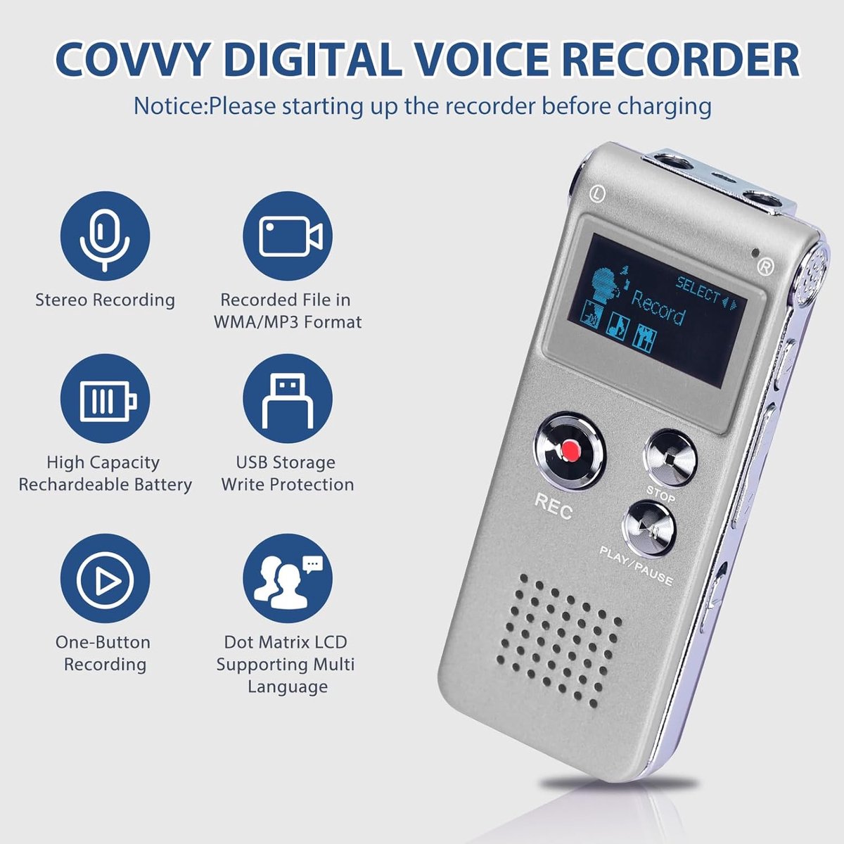 Lexium Mini Voicerecorder 16GB Zilver 48 Uur Opnametijd - afbeelding 3