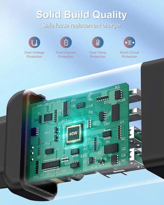Chargeur rapide USB-C 40 W, 4 ports QC+ PD 3.0 avec câble USB-C - Zwart ...