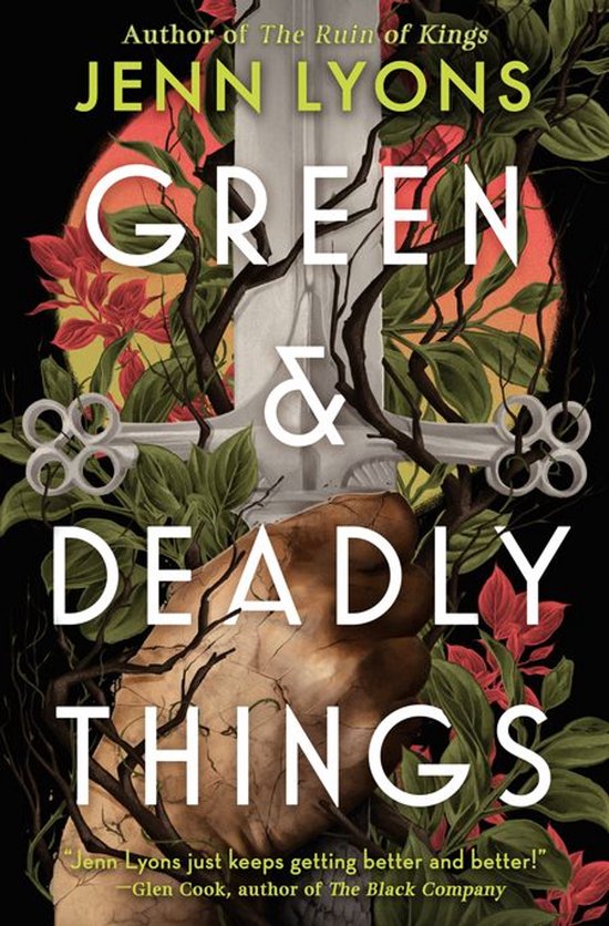 Boekomslag van Green & Deadly Things van Jenn Lyons, met een zwaard en omringd door groene en rode bladeren.