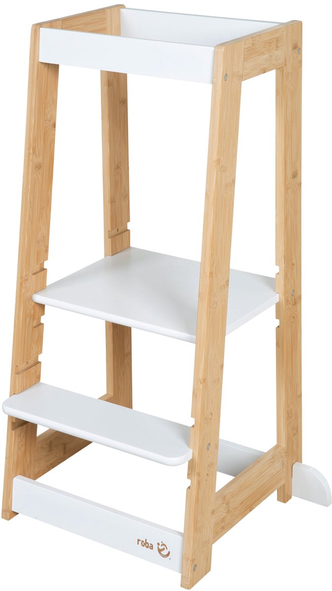 roba Houten Learning Tower - Volgens het Montessori-Principe - Belastbaar tot 80kg - Bamboe / Wit