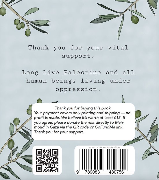 Boekomslag met danktekst en QR-code. Olijftakken aan de zijkanten. Tekst: "Thank you for your vital support."