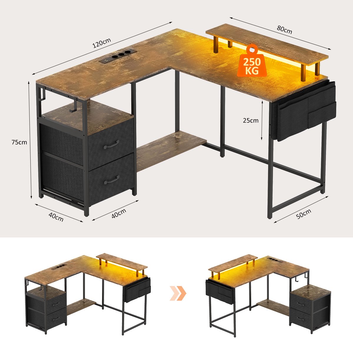 Mihtrov Gaming Bureau met LED Verlichting - L-Vormig Game Bureau met Stopcontact - 2 Non Woven Lade