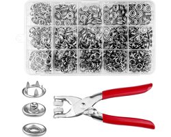 Set van 200 drukknopen 9,5 mm, zilver, metalen drukknopen, roestvrij, drukknopen met tang voor drukknopen, voor handwerk, kleding, tassen