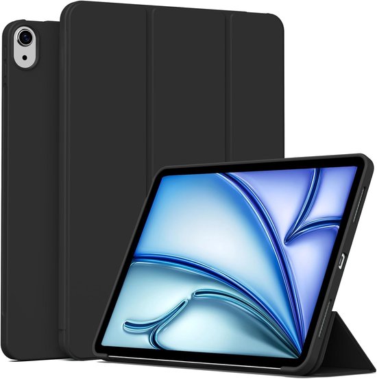 Coque noire Casemania pour iPad en position fermée et ouverte, avec écran.