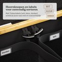 Zwarte wasmand met drie vakken, elk met een label: Wit, Kleur, Donker. Houten kledinghanger.