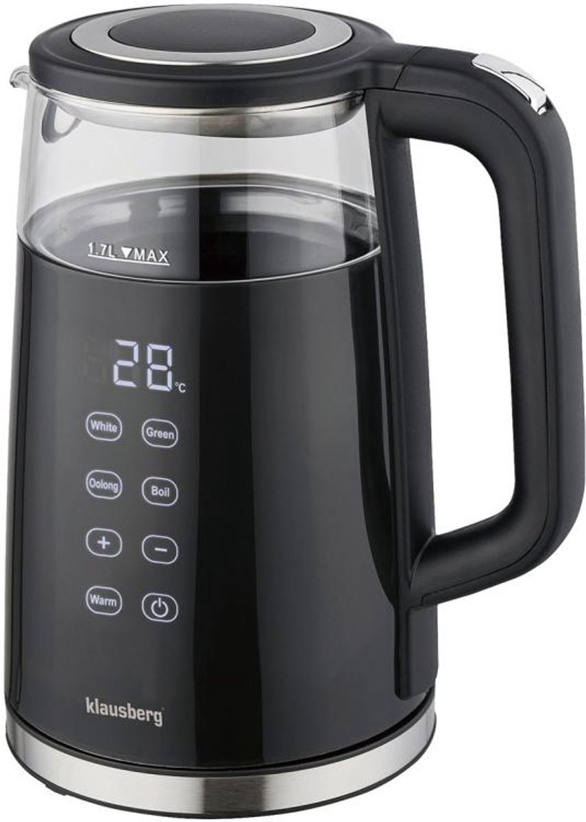 Klausberg KB-7894 Elektrische Waterkoker – 1,7 Liter, Zwart Glas, LED Bedieningspaneel, 13 Temperatuurstanden, Houd-warmfunctie