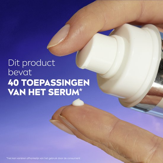 Hand die serum uit een NIVEA pompje drukt, tekst: Dit product bevat 40 toepassingen van het serum.