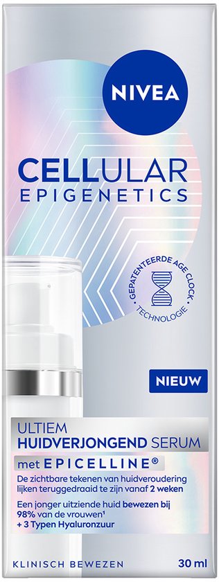 Doosje NIVEA CELLULAR Epigenetics serum, met "Nieuw" en 30ml.
