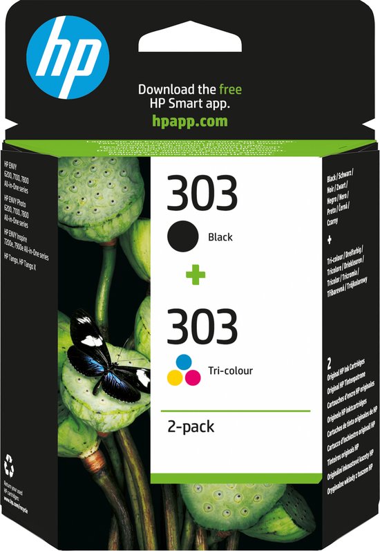 HP 303 Zwart en Kleuren 2-pack inktcartridges, met een zwart-wit afbeelding van een vlinder op waterleliebloemen.