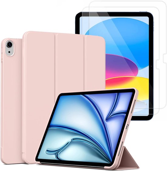 Hoes en Glas Geschikt voor Apple iPad Air 11 inch (2026, M4/2025, M3/2024, M2) - Roze - Casemania Tri Fold Tablet Case met Penhouder - Beschermhoes Smart Cover - 1x Glazen Screenprotector