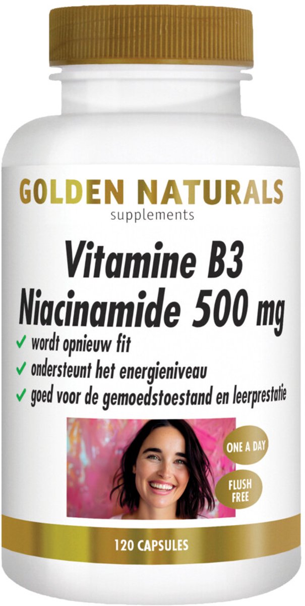 Golden Naturals - Vitamine B3 Niacinamide 500 mg - 2 x 120 capsules - Voordeelverpakking