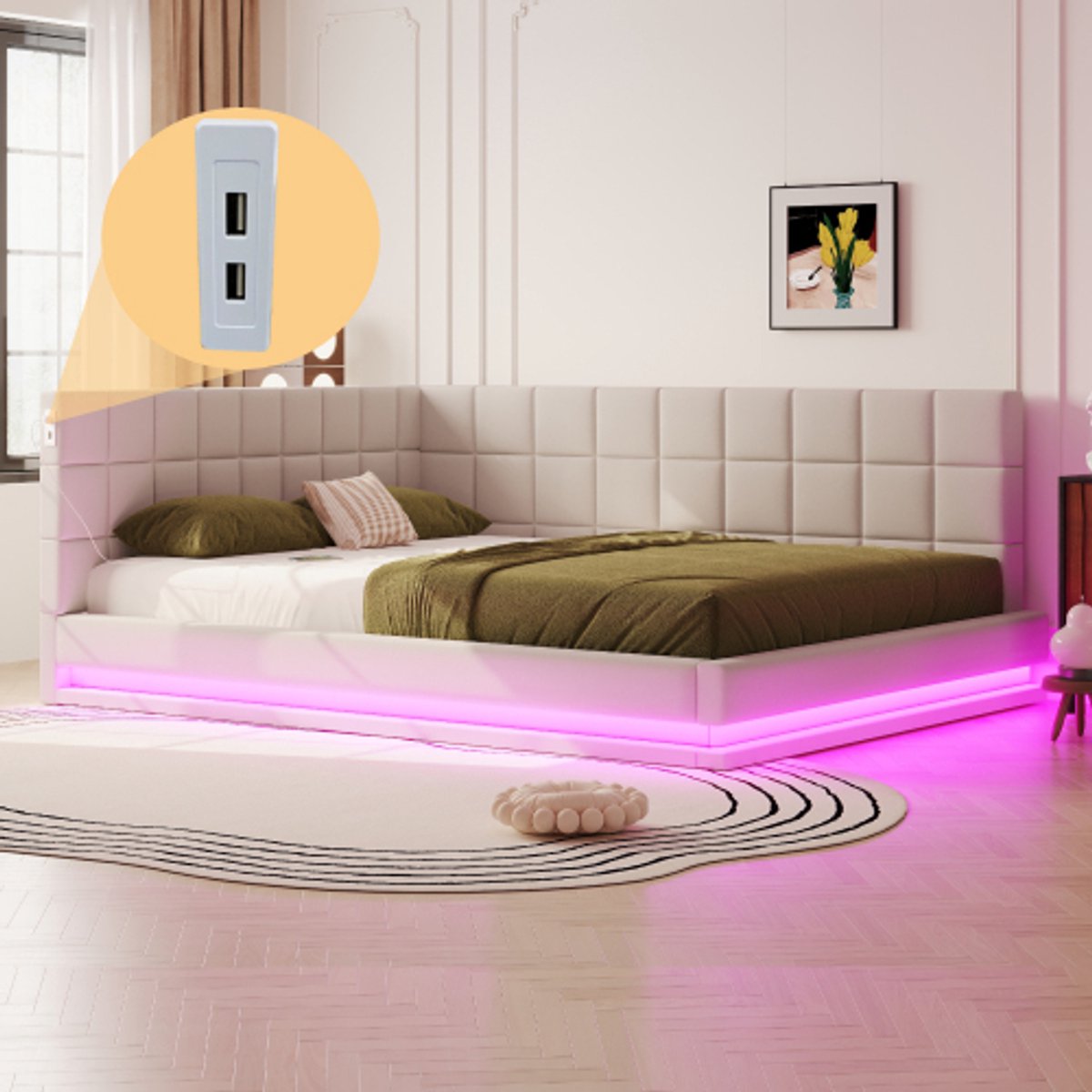 Gestoffeerde slaapbank 160x200, multifunctioneel bed met led-strip, USB-aansluiting en lattenbodem, huidvriendelijke beige fluwelen stof