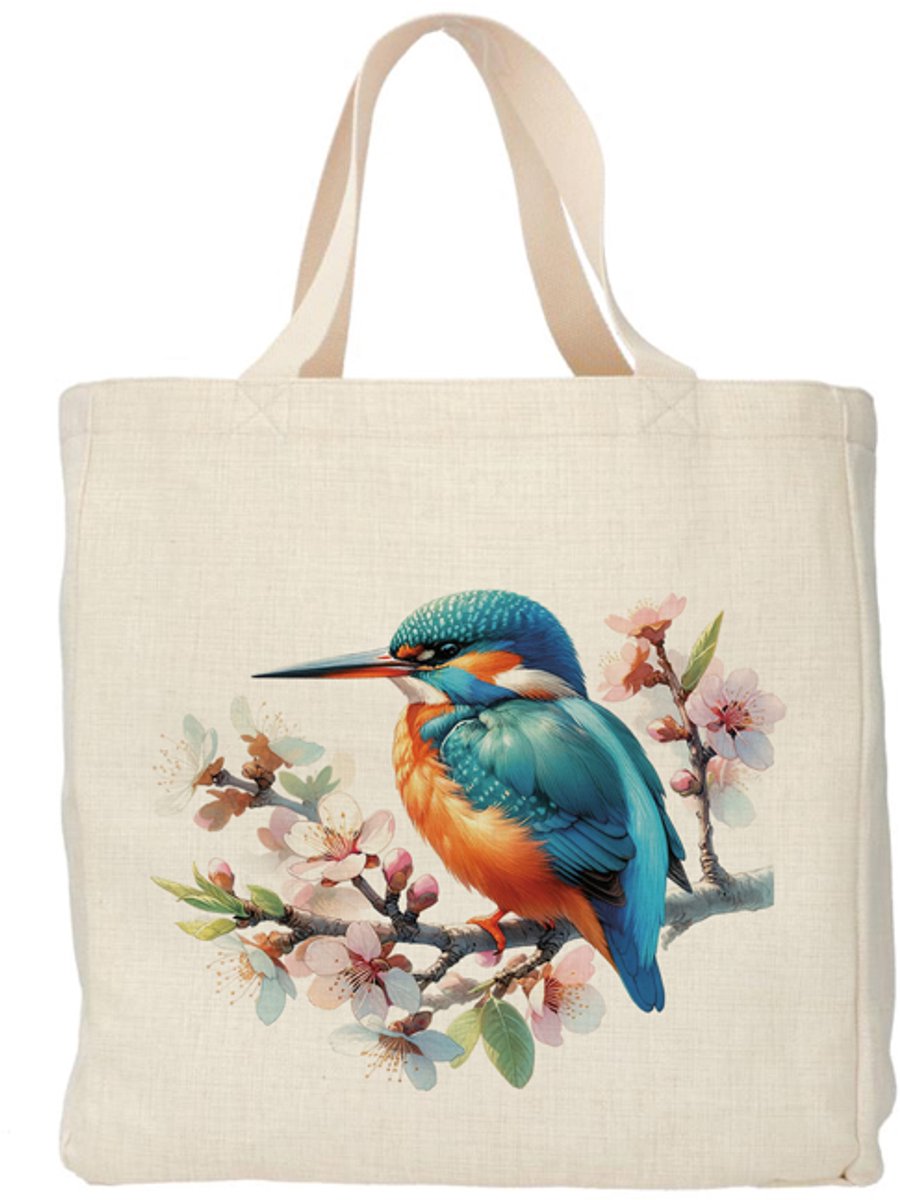Shopper - Totebag - Boodschappentas | Ijsvogel - Kersen bloesem | Duurzaam - Linnenlook - 48x38cm