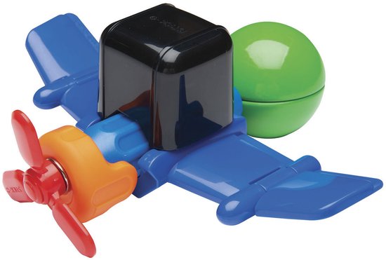 Blauw vliegtuigje met oranje propeller, zwarte cockpit en groene bol.