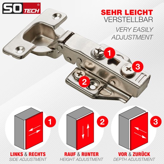 Een Sotech kopscharnier met de tekst 'Zum Aufklipsen', 'Super Damper', '3D Verstellung' en 'Incl. Montageplatte'.