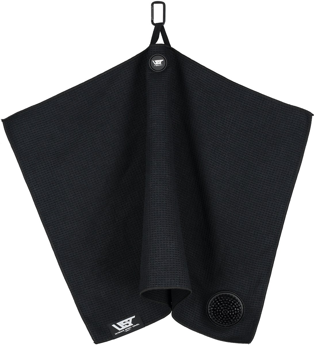 UST Golf handdoek - Geïntegreerde borstel - Ophang magneet - 75 cm x 50 cm - Kleur Zwart ** Inclusief Tees en Marker