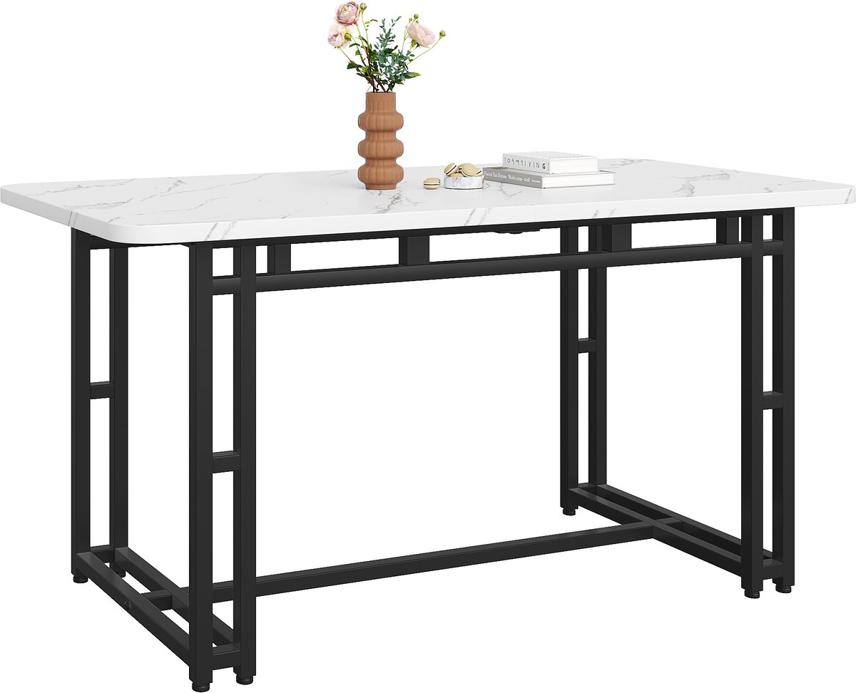 Wishdor Moderne Eettafel - Marmerlook Tafelblad - Geometrisch Frame - Wit/Zwart - 120x70x74 cm