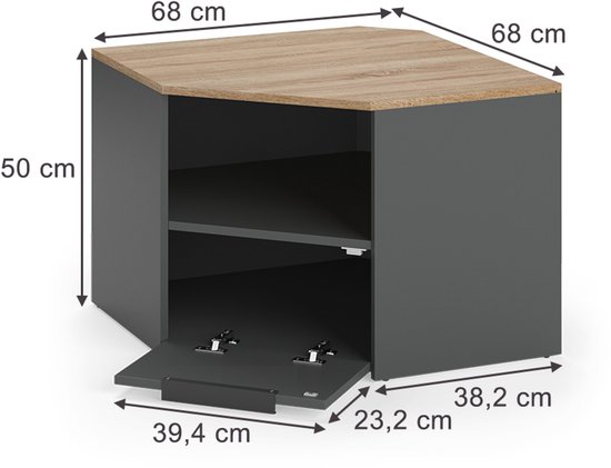 Hoekkast met een houten bovenblad, antracietgrijs front en mat antracietgrijs omhulsel. Afmetingen: 68x68x50cm.