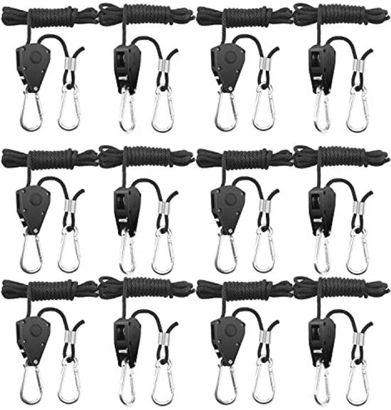 iPower 1/8 6-paar touwratel met haken, touw ratel hanger hanger voor hangende tent groeien plant lamp, 150 lb capaciteit per paar, zwart