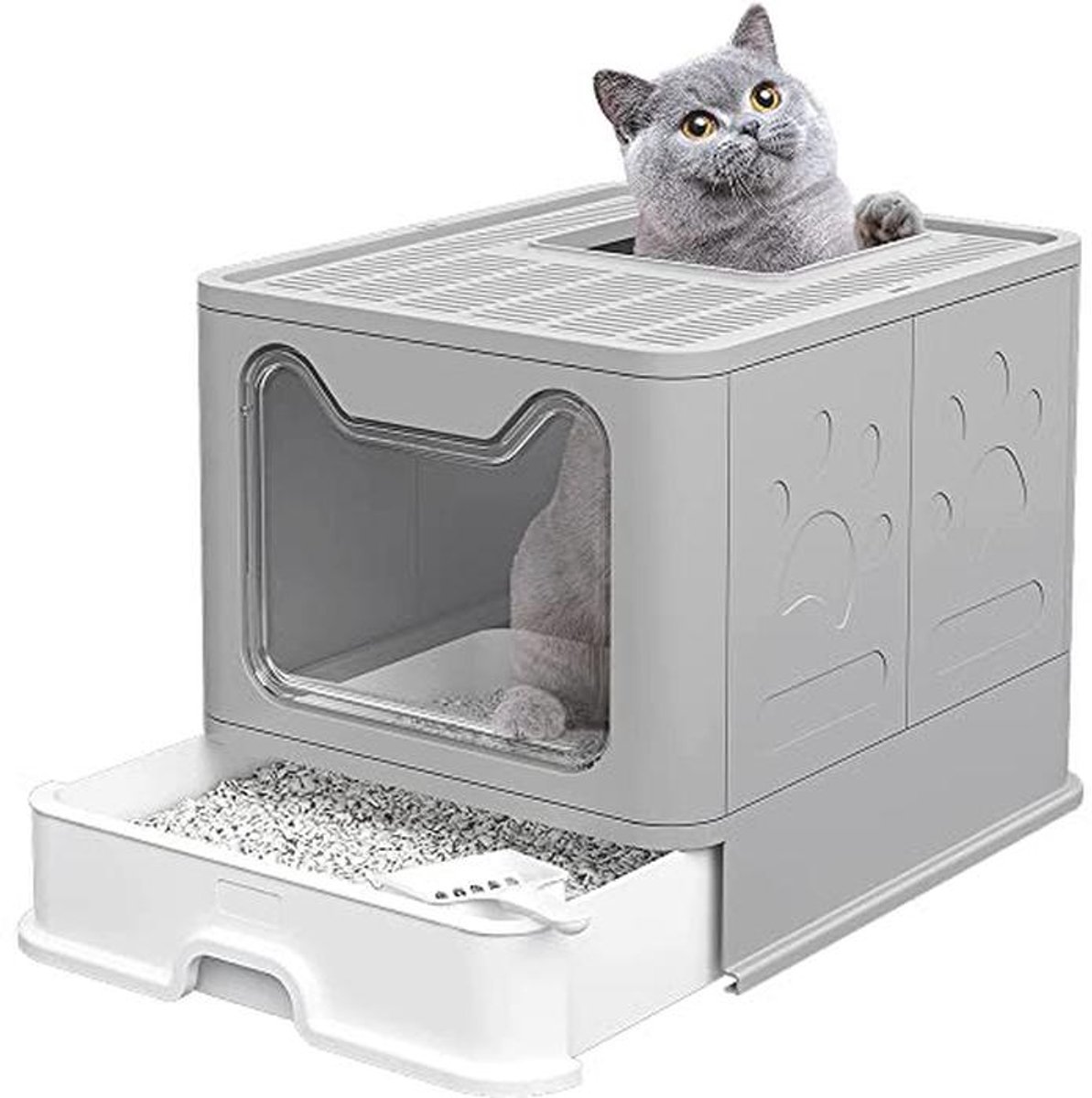 Gesloten kattenbak voor grote katten - Eenvoudige reiniging en geurvermindering (51 x 41 x 38 cm, Grijs)