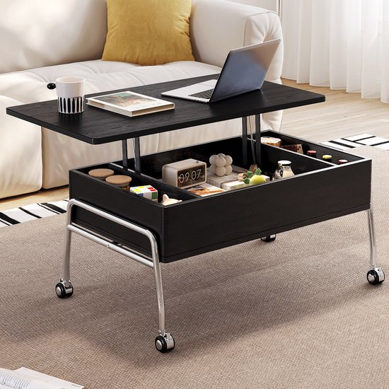 Guyii Salontafel 90 cm – Verstelbare Salontafel met Opbergruimte – Verhoogd Werkblad – Moderne Koffietafel op Wieltjes – Zwarte Houtlook
