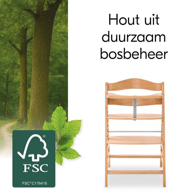 Houten kinderstoel met FSC-keurmerk en het label "Hout uit duurzaam bosbeheer".