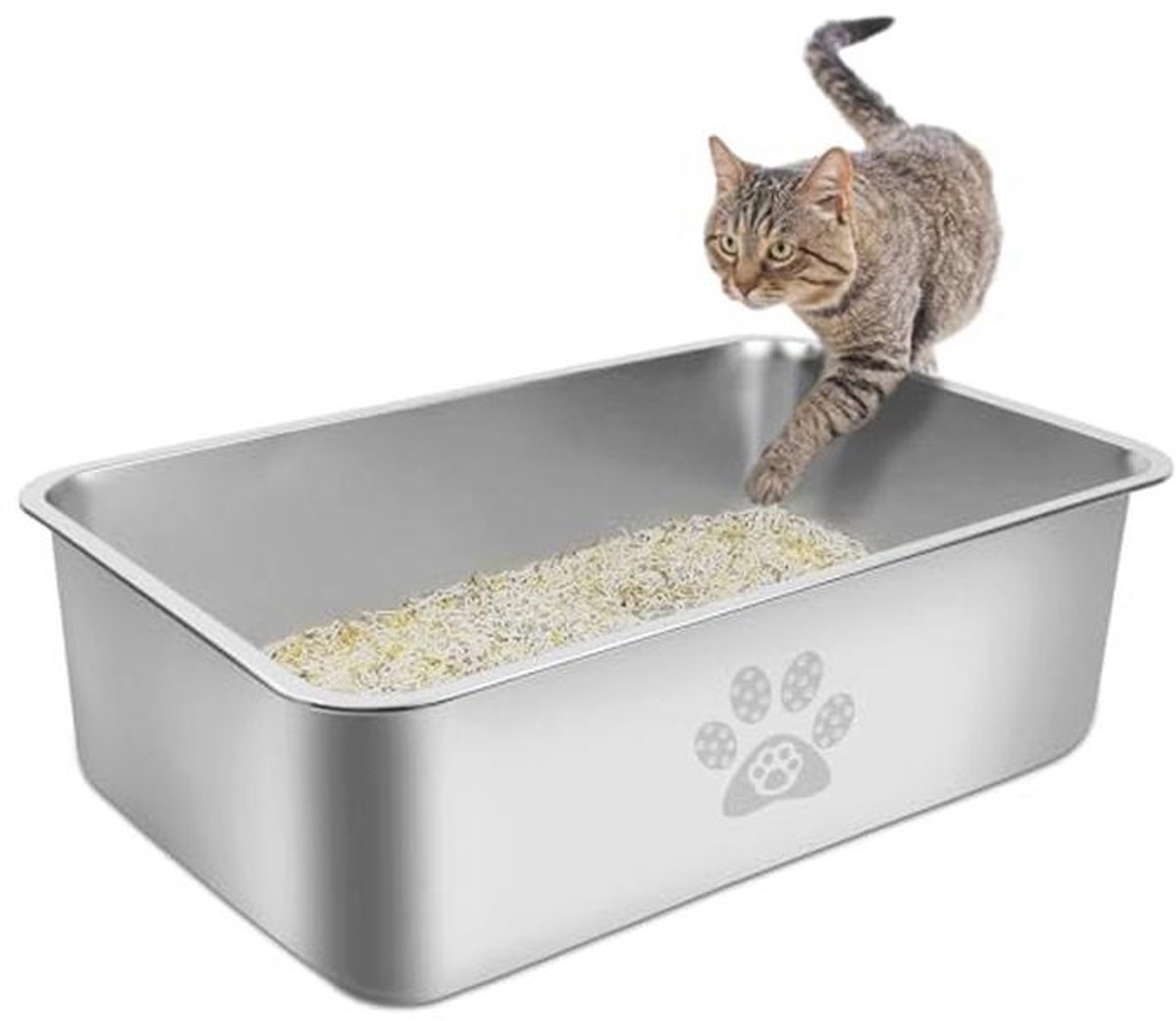 Roestvrijstalen kattenbak voor dieren, spatwaterdicht, geurvrij en met anti-kleeflaag, geschikt voor grote en kleine katten en konijnen (59,5 x 39,5 x 15 cm)