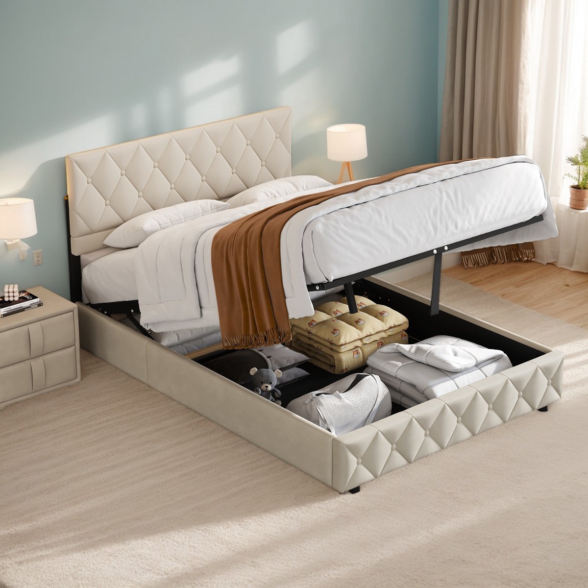 Wishdor Gestoffeerd tweepersoonsbed 160x200 cm beige met zacht hoofdbord, hoog frame met opbergruimte, zonder matras