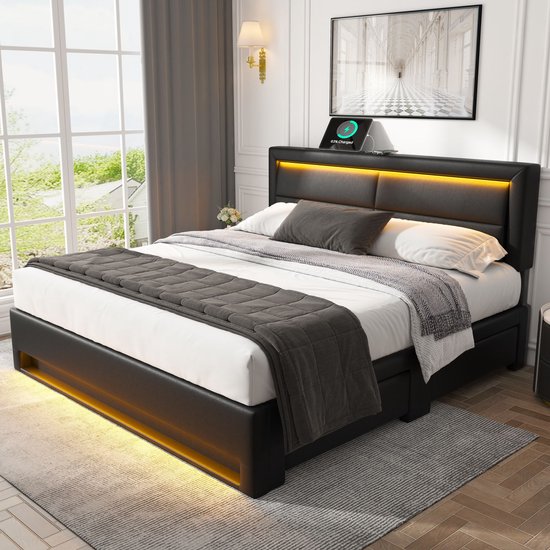 Wishdor Gestoffeerd Bed 140x200 cm – Draadloos & USB Opladen – 12 Kleuren LED – 4 Lades – Zwart PU – High-Tech & Compleet
