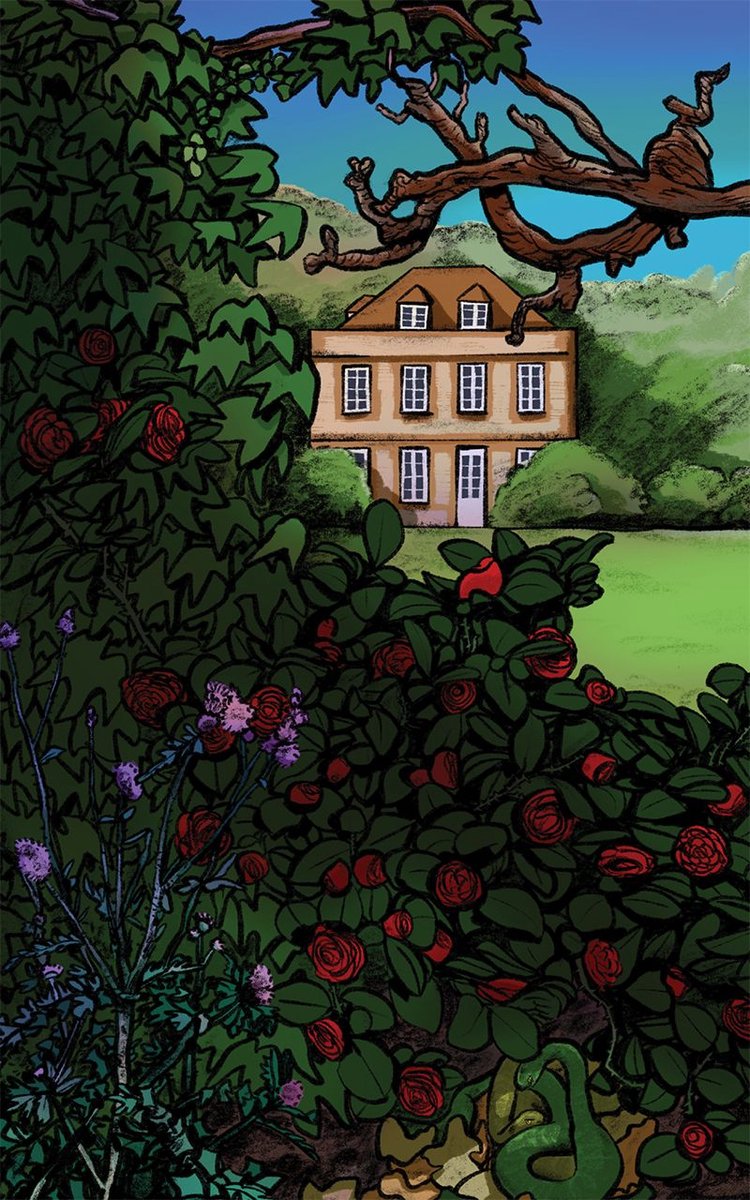 Illustratie van een huis met rozenstruiken op de voorgrond.