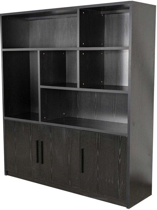 Bibliothèque noire avec trois portes et des compartiments ouverts.