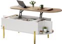 Witte salontafel met houten blad, gouden poten, en openklapbaar tafelblad met opbergvakken.