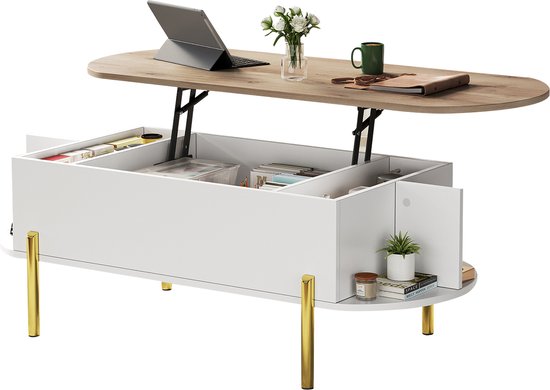 Witte salontafel met houten blad, gouden poten, en openklapbaar tafelblad met opbergvakken.