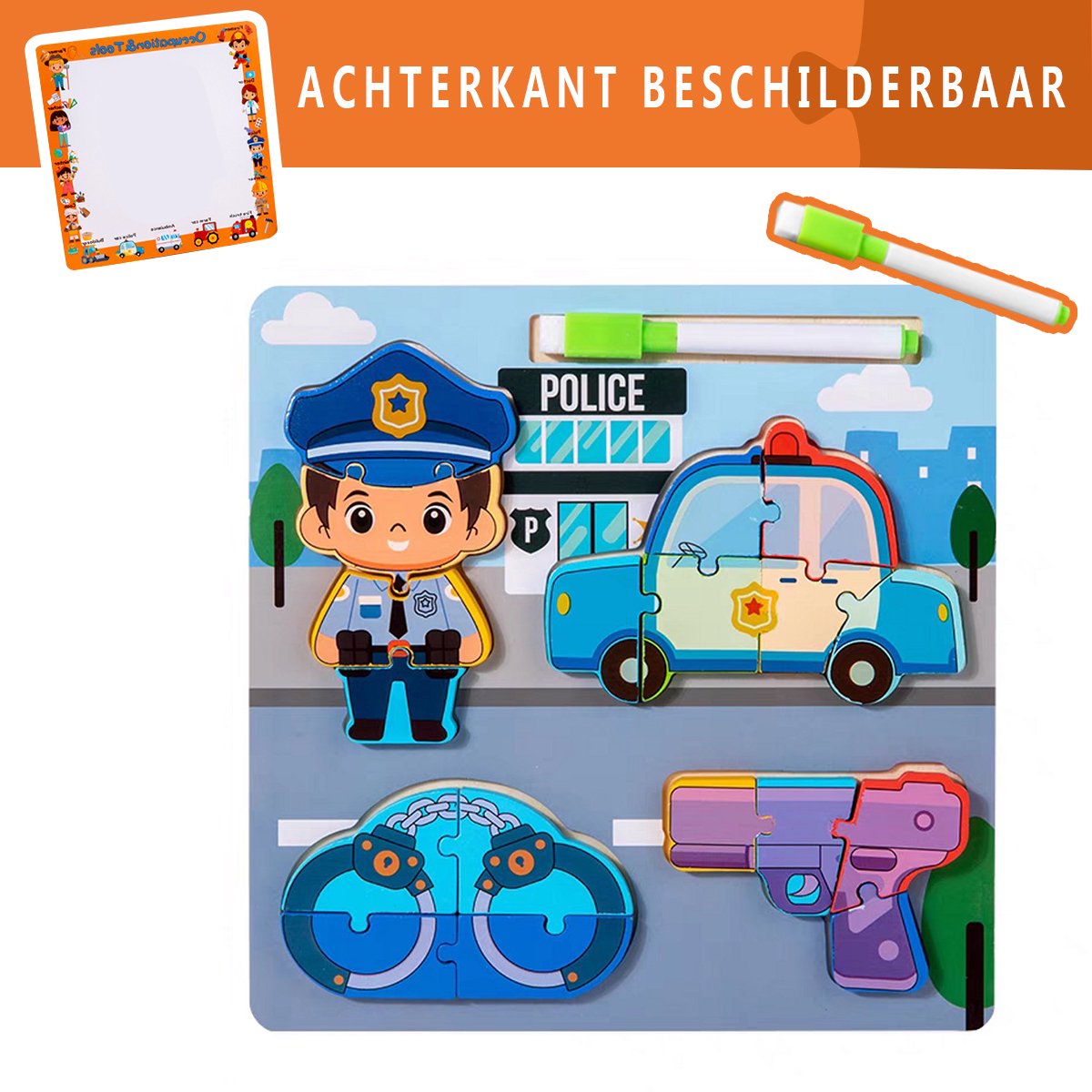 Houten Beroepen Puzzel - Educatieve Speelset - 3D Puzzel - 18-delige Houten Puzzels - Leer Verschillende Banen - Montessori Leren - Cadeau voor Jongens Meisjes - Geschikt voor 2 3 4 5 Jaar - Politieagent