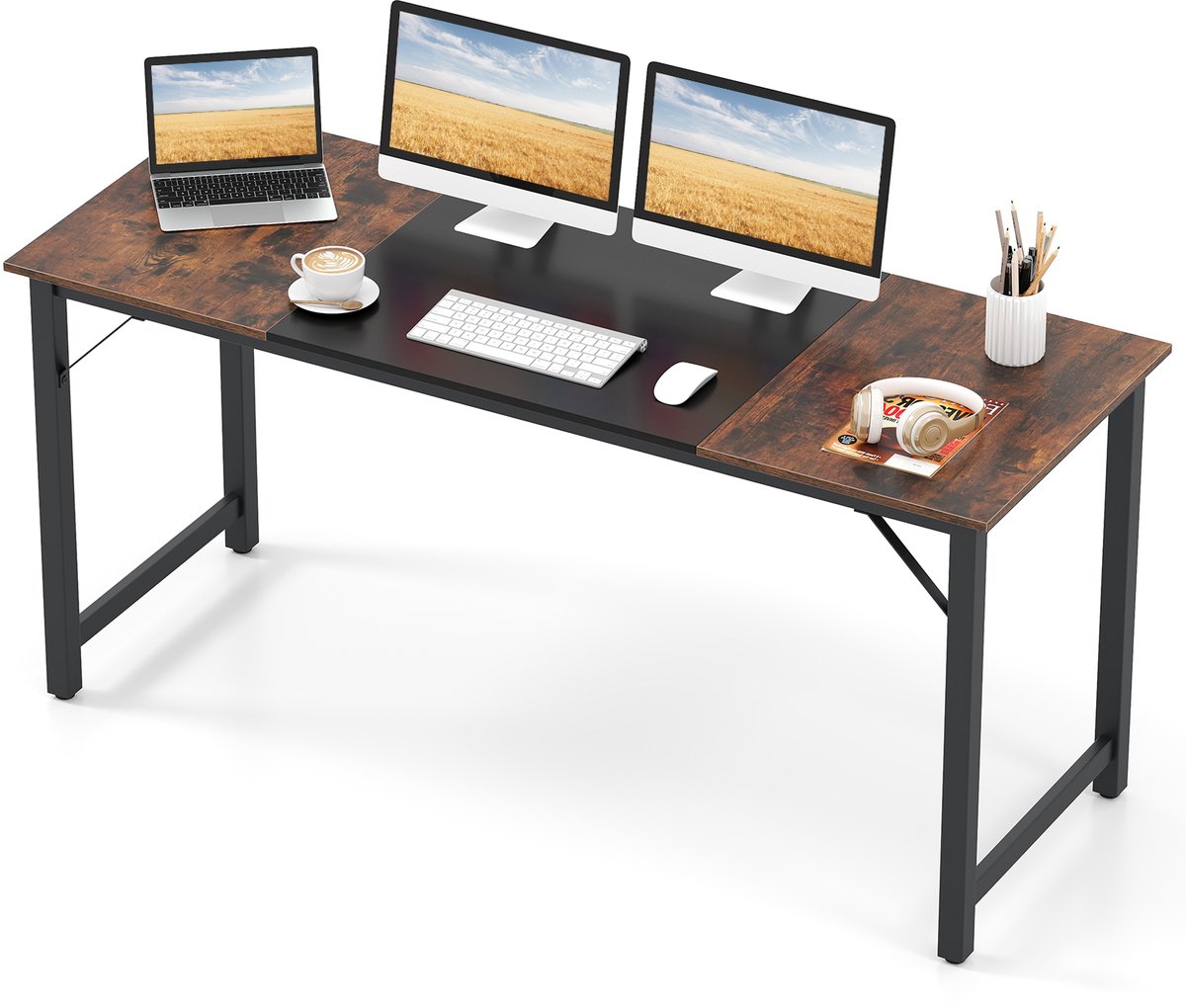 COSTWAY Conferentietafel, 160 x 60 cm, vergadertafel met metalen frame, industrieel bureau, van hout, semintafel, pc-tafel voor thuis, kantoor, vergaderruimte, rustiek bruin
