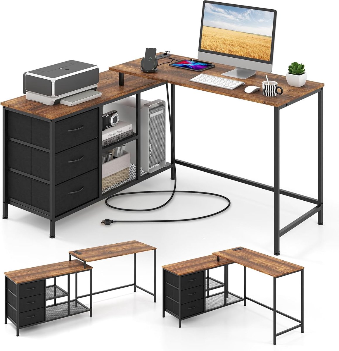 Costway L-vormig bureau met stopcontact, omkeerbaar hoekbureau met 3 stoffen laden en roosterplanken, 205 cm lange computertafel, hoektafel voor thuiskantoor (rustiek bruin)